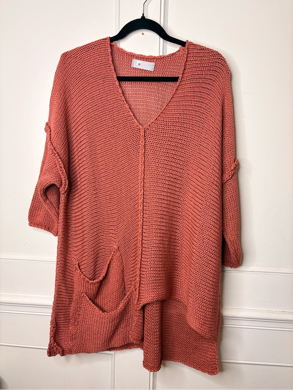 Relaxed V-Neck Knit Sweater in Coral